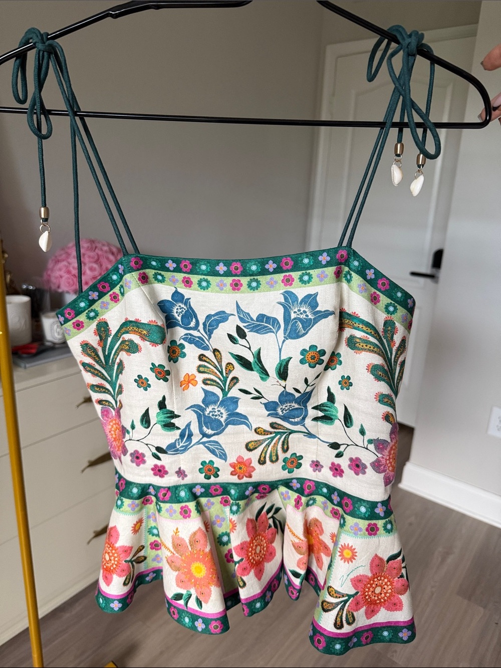Zimmermann Floral Embroidered Peplum Tank Top in Teal, Blue, Pink, Orange